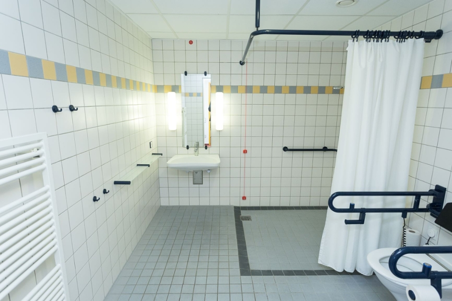 Badezimmer mitebenerdiger Dusche und WC mit Haltegriffen  Badezimmer mitebenerdiger Dusche und WC mit Haltegriffen